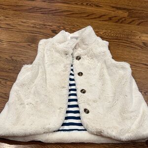 Hanna Andersson White Furry Vest with Blue Striped Lining